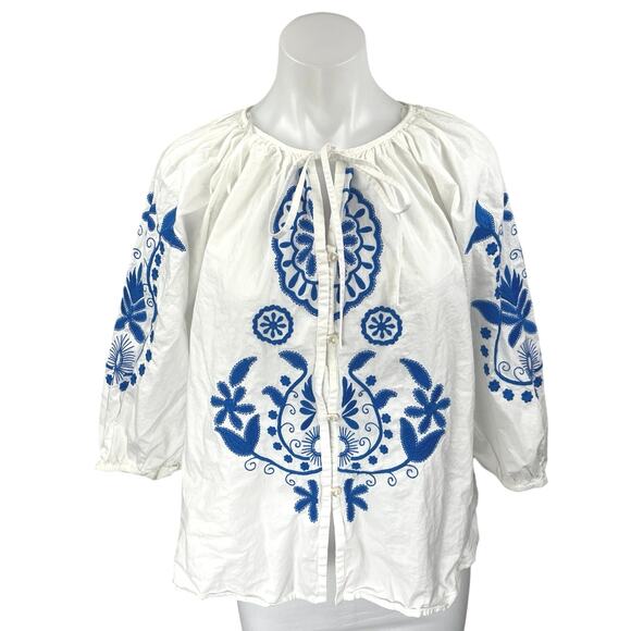 H&M White Blue Floral Paisley Embroidered Half Sleeve Button Down Blouse Top L - Picture 1 of 5